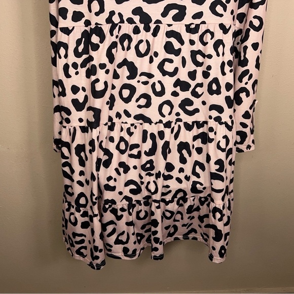 LARGE LEOPARD PRINT TUNIC DRESS TOP RUFFLE LONG SLEEVE STRETCH BLACK CREAM/PINK - Picture 8 of 12